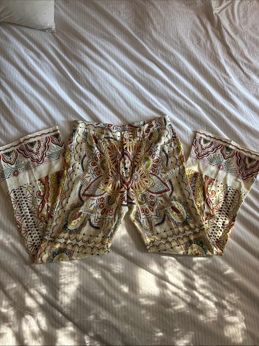 Zara Cream Wide-Leg Linen Pants with Boho Paisley Print